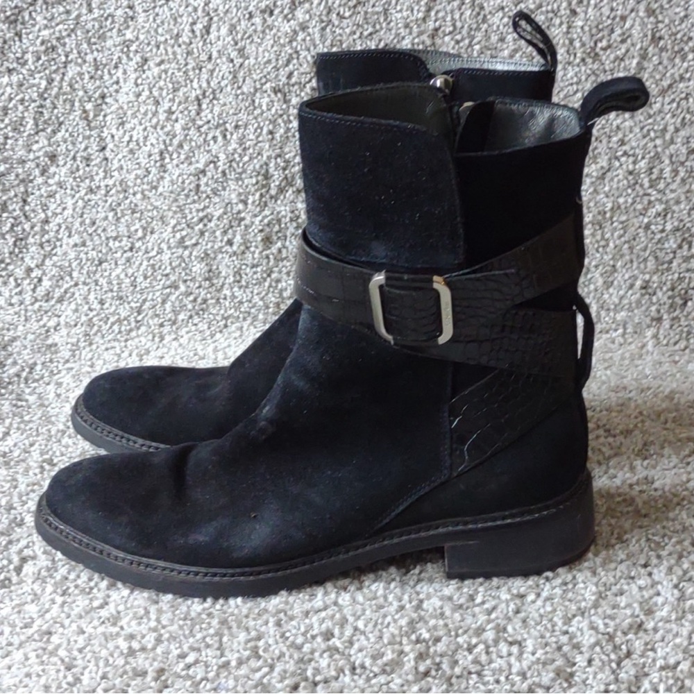 Calvin Klein Black Suede Side Zip Harness Mid Calf Boots Men's 8M EUC - Picture 3 of 8